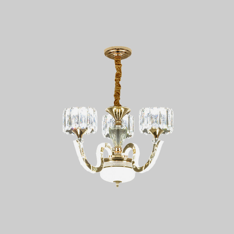 Modern Gold Drum Chandelier with Crystal Blocks - 3/5 Lights, LED, for Living Room