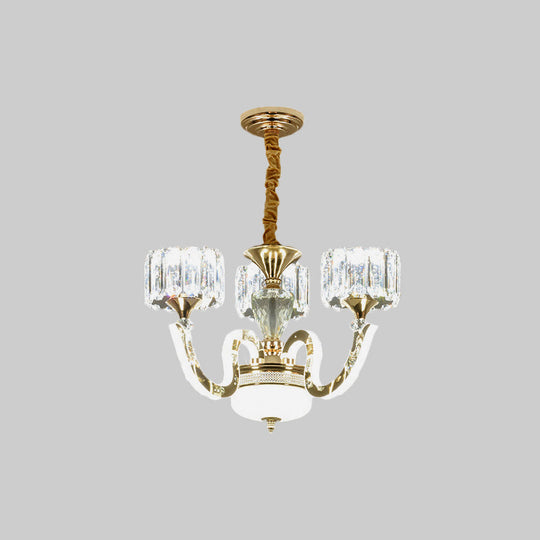 Modern Gold Drum Chandelier with Crystal Blocks - 3/5 Lights, LED, for Living Room