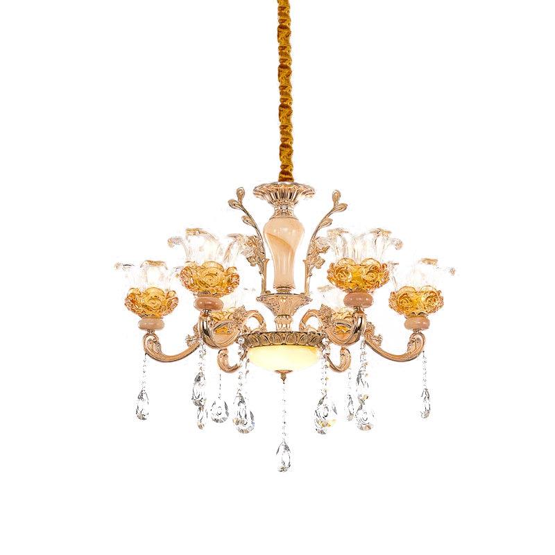 Contemporary Clear Glass Crystal Chandelier- 6 Bulb Rose Gold Suspension Light For Living Room