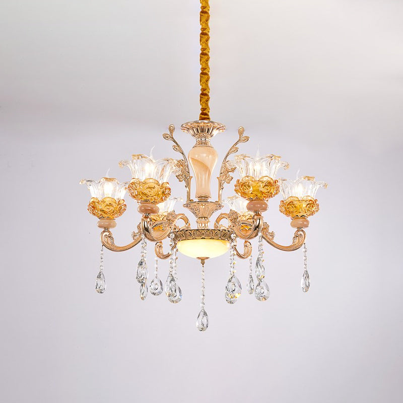 Contemporary Clear Glass Crystal Chandelier- 6 Bulb Rose Gold Suspension Light For Living Room