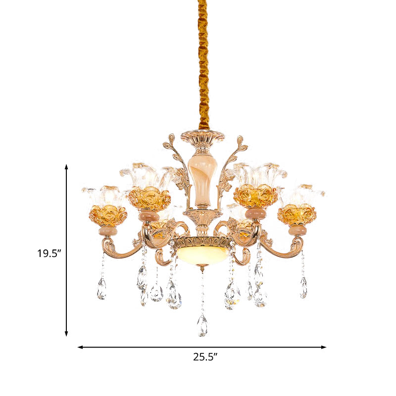 Contemporary Clear Glass Crystal Chandelier- 6 Bulb Rose Gold Suspension Light For Living Room