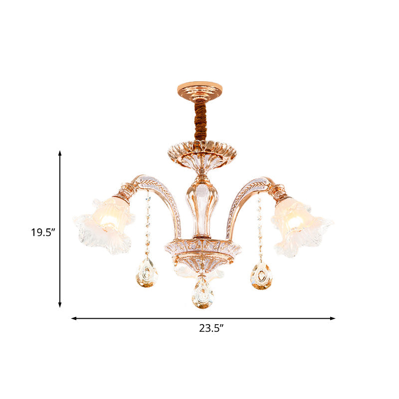 Floral Ceiling Chandelier - Traditional Gold Crystal Pendant Lamp (3/6 Heads) For Bedroom