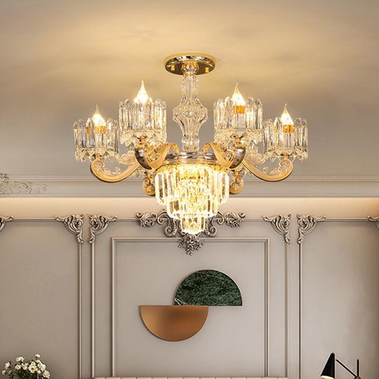 Modernist Crystal Block Round Chandelier - 6/8 Lights Gold Ceiling Pendant Lamp, Ideal for Living Room