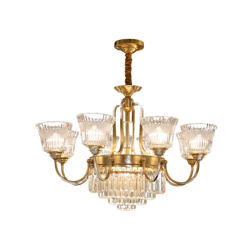 Traditional 6/8-Head Brass Chandelier With Bell Clear Glass Crystal Pendant For Living Room Lighting