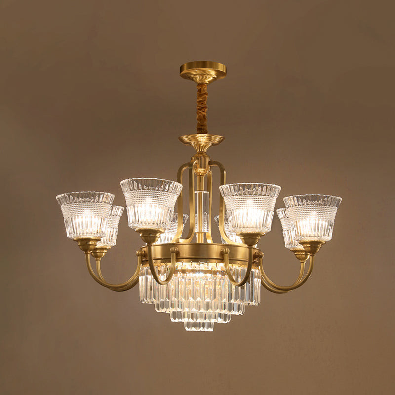 Traditional 6/8-Head Brass Chandelier With Bell Clear Glass Crystal Pendant For Living Room Lighting