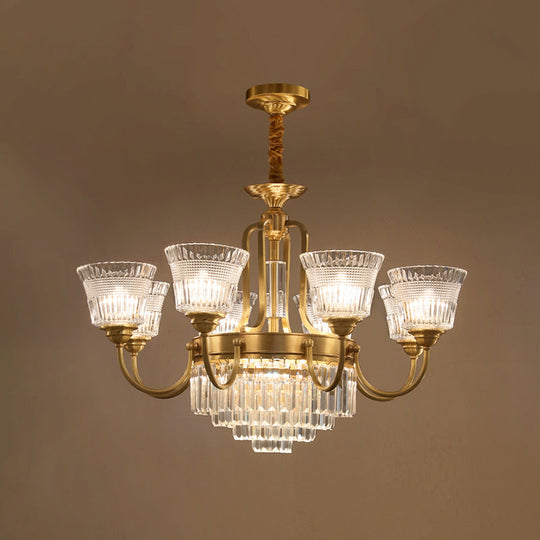 Traditional 6/8-Head Brass Chandelier With Bell Clear Glass Crystal Pendant For Living Room Lighting