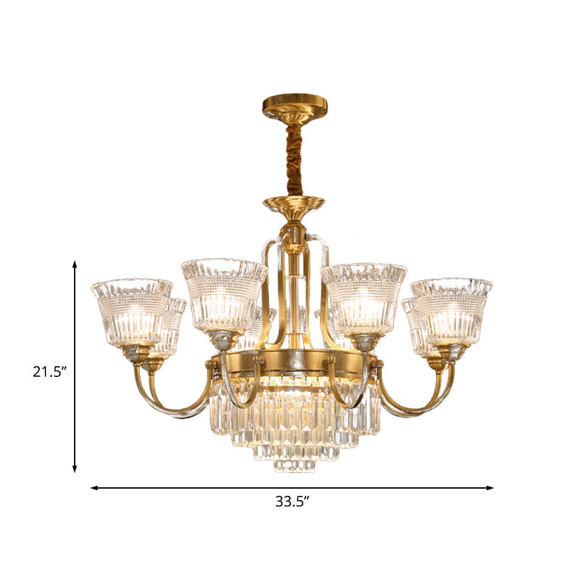 Traditional 6/8-Head Brass Chandelier With Bell Clear Glass Crystal Pendant For Living Room Lighting