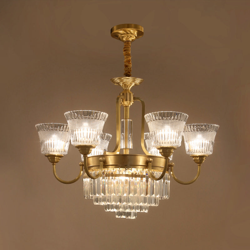 Traditional 6/8-Head Brass Chandelier With Bell Clear Glass Crystal Pendant For Living Room Lighting