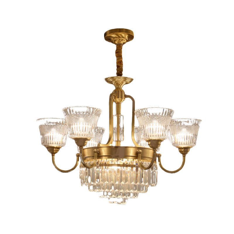 Traditional 6/8-Head Brass Chandelier With Bell Clear Glass Crystal Pendant For Living Room Lighting