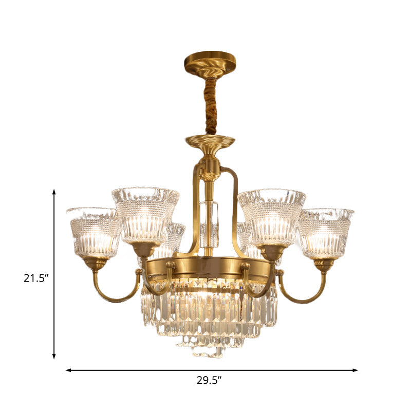 Traditional 6/8-Head Brass Chandelier With Bell Clear Glass Crystal Pendant For Living Room Lighting