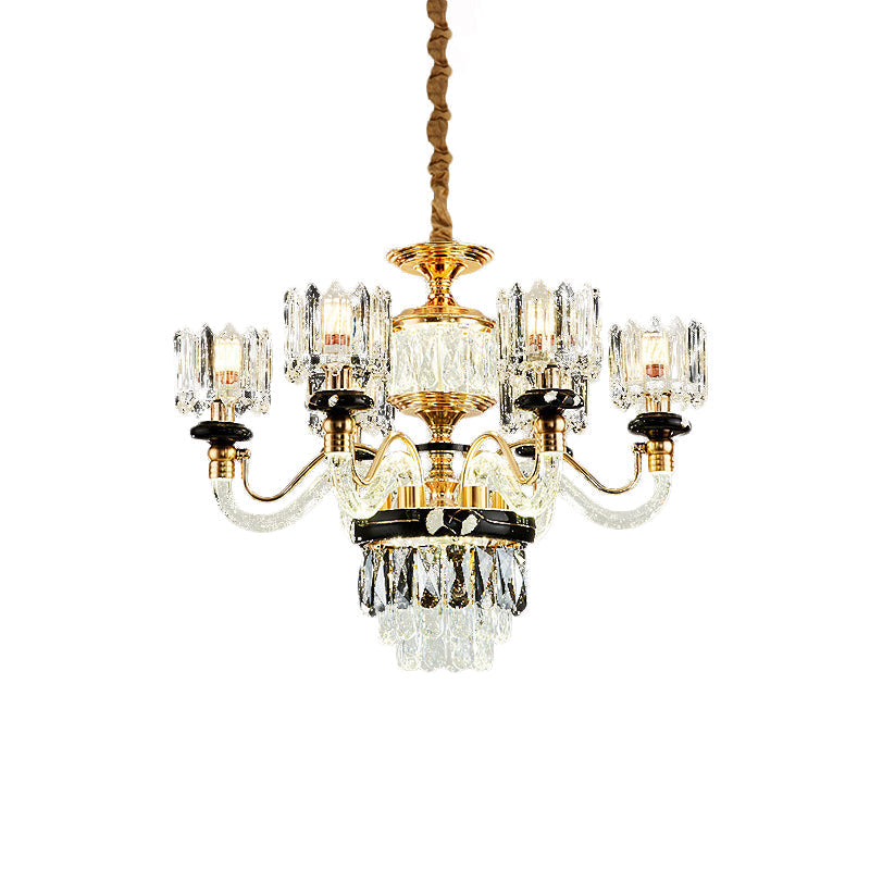 Traditional Crystal Rectangle Pendant Chandelier - Gold Circle Design With 6/8 Bulbs Ideal For