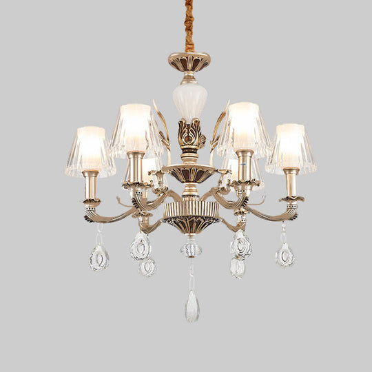 Golden Traditional 6-Light Chandelier With Cone Faceted Crystals - Hanging Lamp Fixture Kit