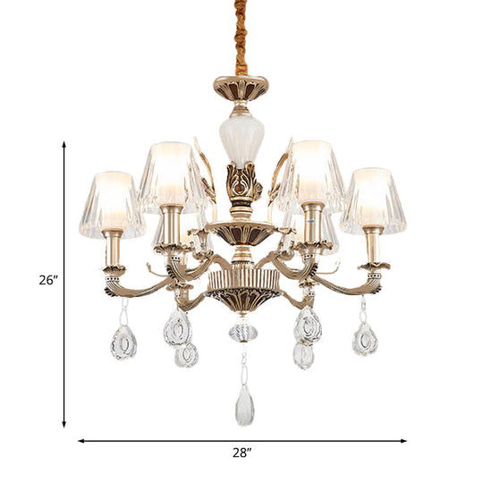 Golden Traditional 6-Light Chandelier With Cone Faceted Crystals - Hanging Lamp Fixture Kit