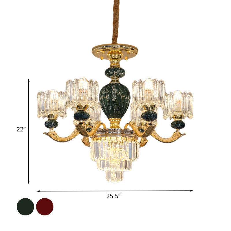 Traditional Urn Chandelier 6-Bulb Crystal Ceiling Lamp - Red/Green With Drum Shade