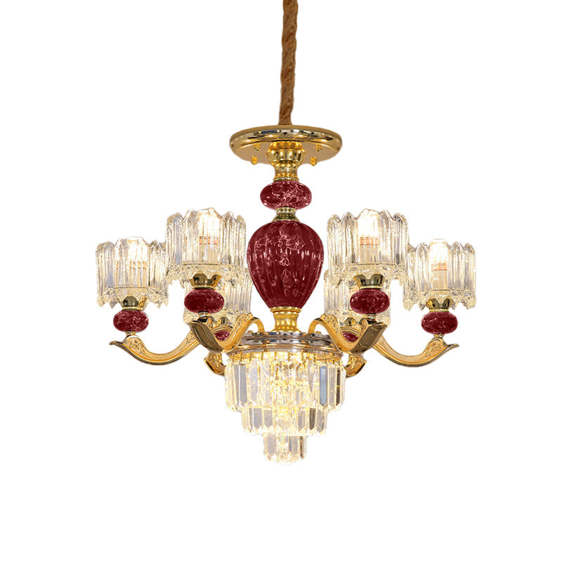 Traditional Urn Chandelier 6-Bulb Crystal Ceiling Lamp - Red/Green With Drum Shade