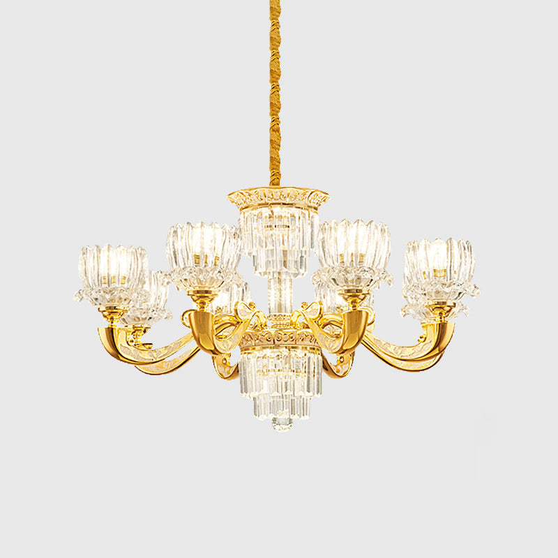 Contemporary Crystal Rectangle Chandelier - Gold Lotus Suspension Light With 6/8 Bulbs For Living