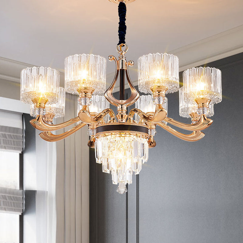 Black And Gold Crystal Rectangle Ceiling Chandelier - Modernist Drum Pendant Light (6/8-Bulb)