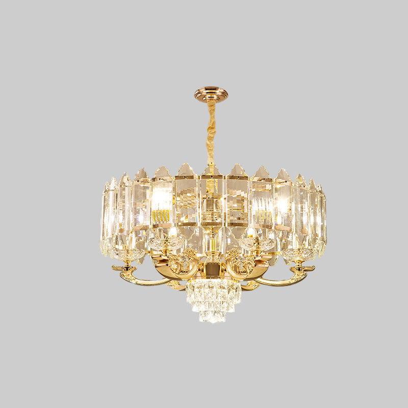 Gold Drum Crystal Pendant Light - Modern Living Room Chandelier 10 Lights