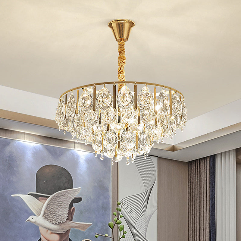 Modern Gold Chandelier With Faceted Crystal Teardrops - 3/4 Heads Cone Design 4 /