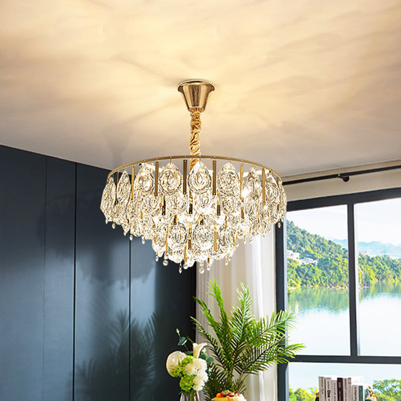 Modern Gold Chandelier With Faceted Crystal Teardrops - 3/4 Heads Cone Design