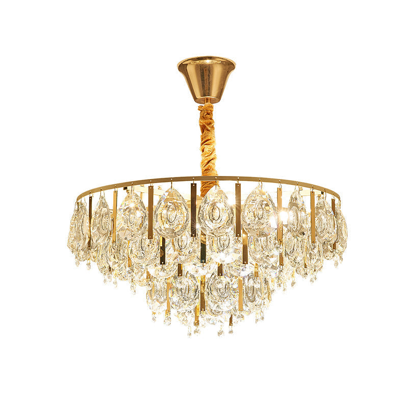 Modern Gold Chandelier With Faceted Crystal Teardrops - 3/4 Heads Cone Design