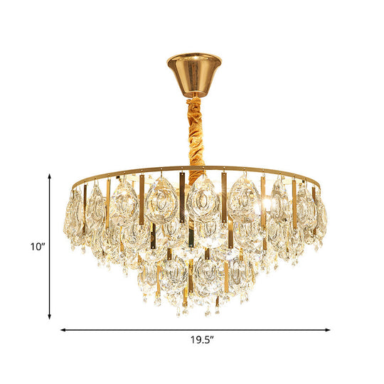 Modern Gold Chandelier With Faceted Crystal Teardrops - 3/4 Heads Cone Design