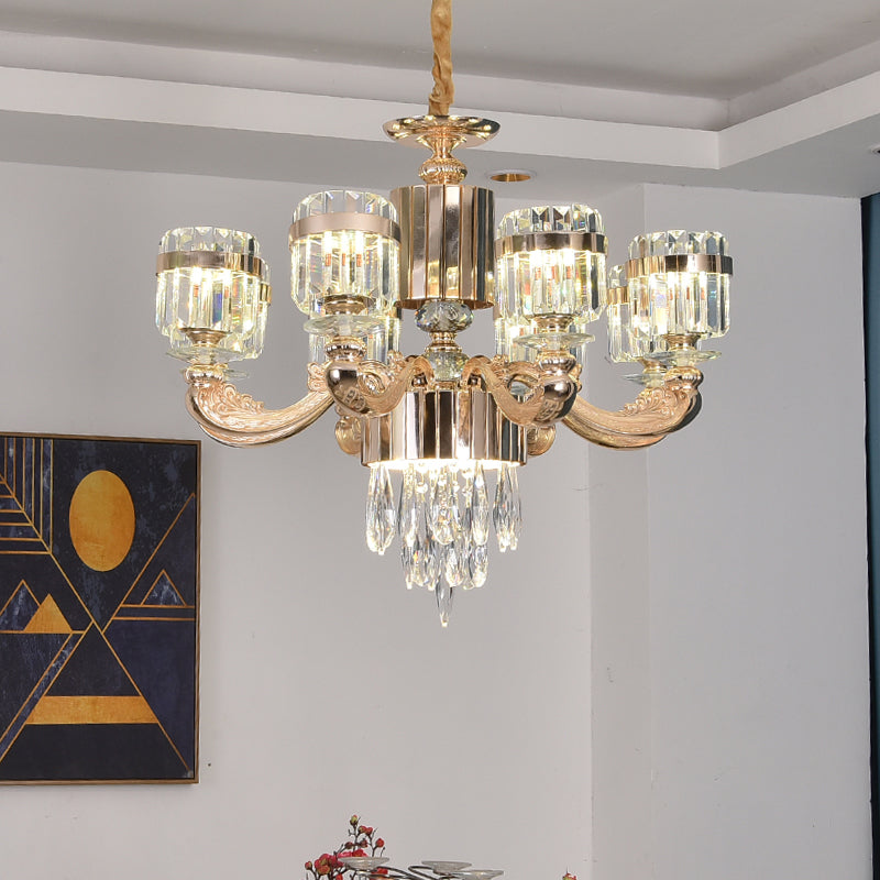 Modern Gold Crystal Chandelier - 6/8 Cylinder Lights Pendant Lamp For Table And Ceiling