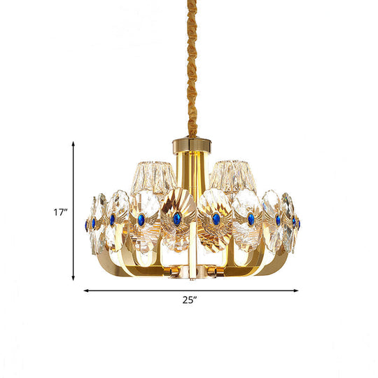 Modern Round Crystal Pendant Chandelier: 8-Bulb Led Ceiling Fixture In Gold With Cone Shade