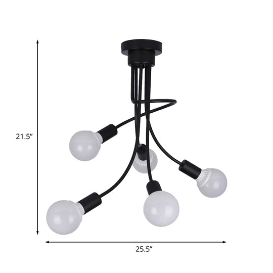 Minimalist Black Curved Arm Semi Flush Mount Light, 3/5 Bulbs, Iron Flush Ceiling Lamp