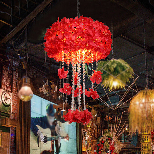 Beatrice - Vintage Round Cage Restaurant Chandelier Vintage Iron 4-Bulb Red Flower Ceiling Hang Fixture with Crystal Bead