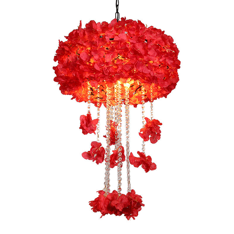 Beatrice - Vintage Round Cage Restaurant Chandelier Vintage Iron 4-Bulb Red Flower Ceiling Hang Fixture with Crystal Bead