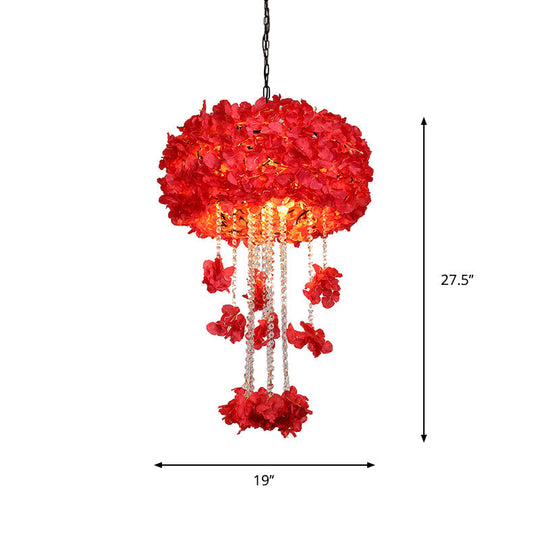 Beatrice - Vintage Round Cage Restaurant Chandelier Vintage Iron 4-Bulb Red Flower Ceiling Hang Fixture with Crystal Bead