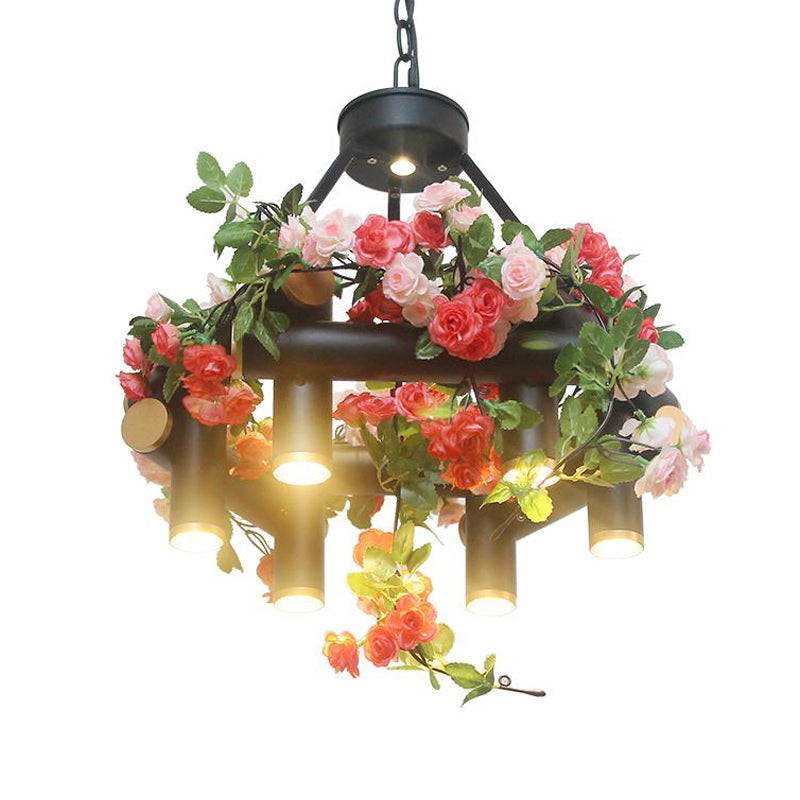 Aldib - Vintage 6-Light Chandelier Lamp Vintage Tubular Iron Down Lighting Pendant in Black with Artificial Flower