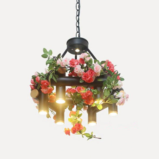 Aldib - Vintage 6-Light Chandelier Lamp Vintage Tubular Iron Down Lighting Pendant in Black with Artificial Flower