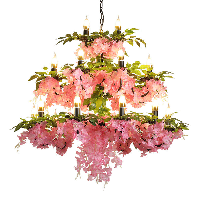 Alchiba - Pink 3-Tier Candle Iron Chandelier - Elegant 21-Head Restaurant Flower