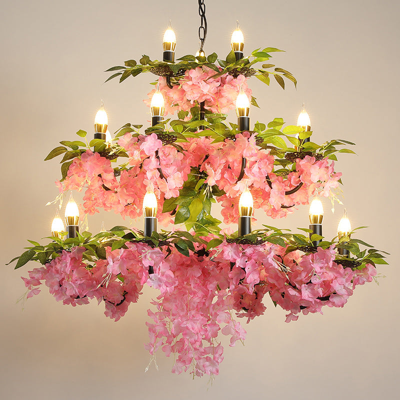 Alchiba - Pink 3-Tier Candle Iron Chandelier - Elegant 21-Head Restaurant Flower