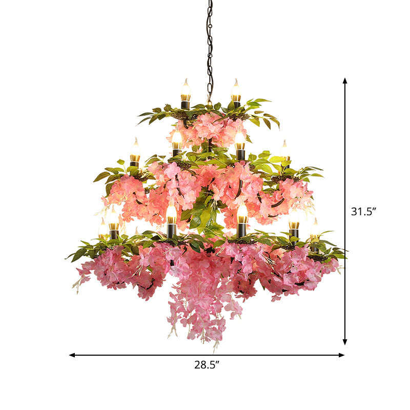 Alchiba - Pink 3-Tier Candle Iron Chandelier - Elegant 21-Head Restaurant Flower