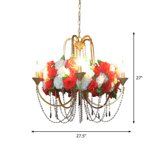 Rose - Lustre antique en fer à 5 têtes, éclairage de plafond de restaurant en forme de chandelier doré antique avec brin de cristal