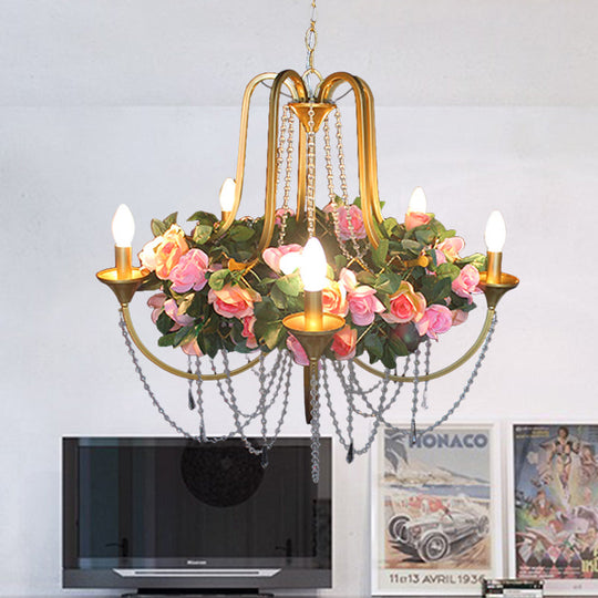 Rose - Antique 5 Heads Iron Chandelier Lighting Gold Candlestick Restaurant Flower Ceiling Lamp With