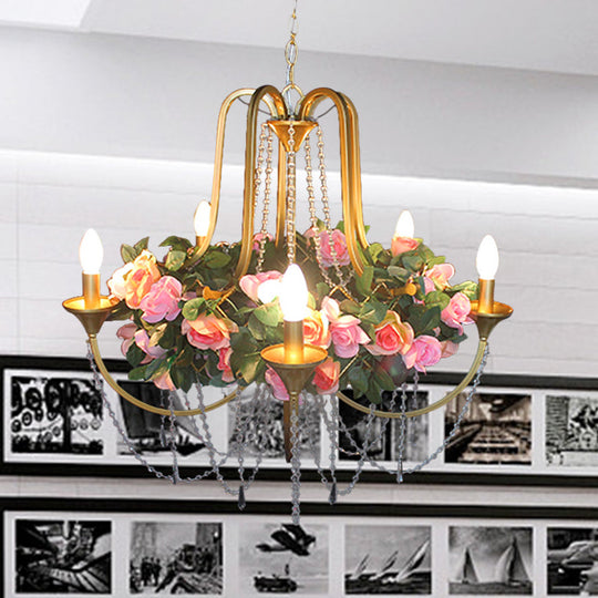 Rose - Antique 5 Heads Iron Chandelier Lighting Gold Candlestick Restaurant Flower Ceiling Lamp With