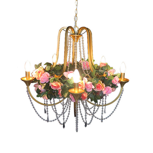 Rose - Antique 5 Heads Iron Chandelier Lighting Gold Candlestick Restaurant Flower Ceiling Lamp With