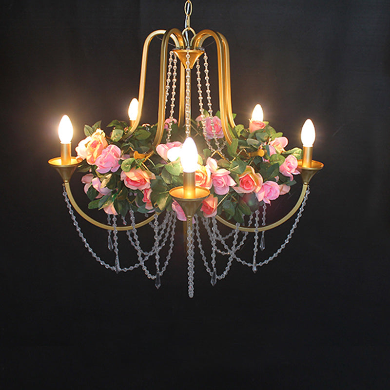 Rose - Antique 5 Heads Iron Chandelier Lighting Gold Candlestick Restaurant Flower Ceiling Lamp With