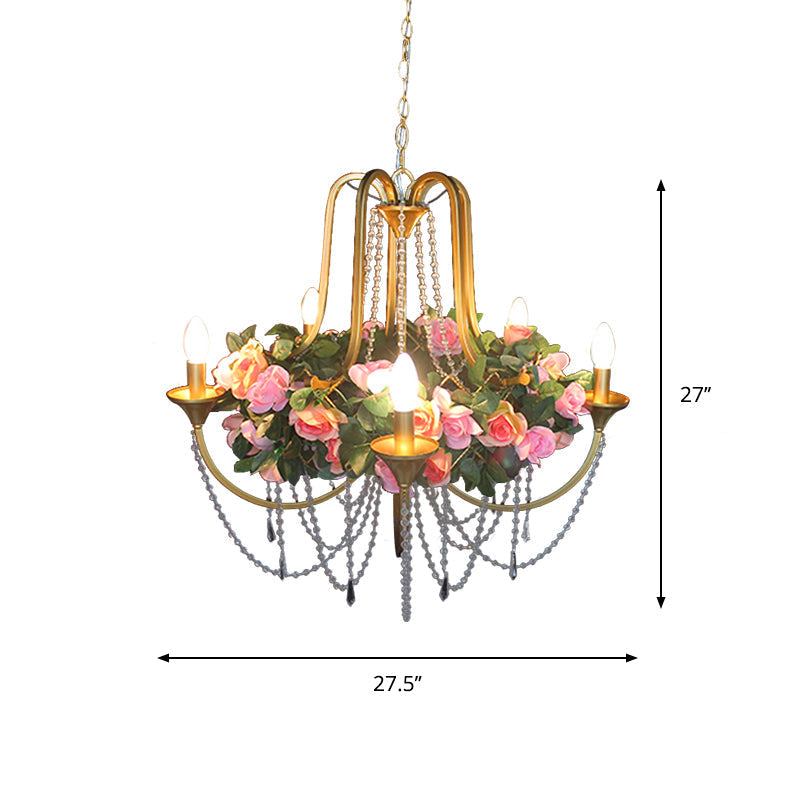 Rose - Antique 5 Heads Iron Chandelier Lighting Gold Candlestick Restaurant Flower Ceiling Lamp With