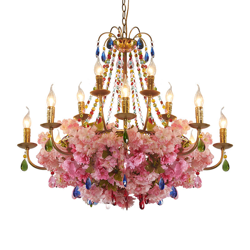 Leah - Lustre suspendu de restaurant chandelier antique en fer antique 6/12 lumières pendentif fleur doré avec cristal coloré