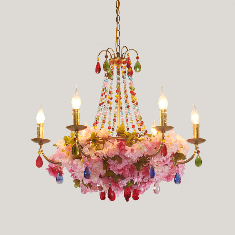 Leah - Lustre suspendu de restaurant chandelier antique en fer antique 6/12 lumières pendentif fleur doré avec cristal coloré