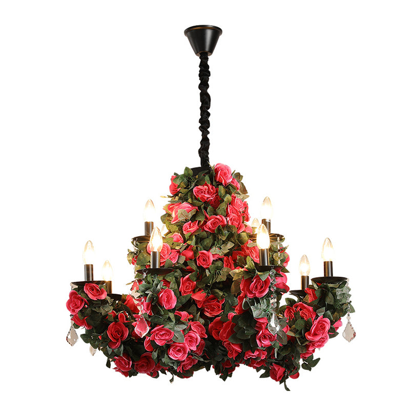 Mia - Red 12-Bulb Hanging Chandelier Retro Candle Iron Flower Ceiling Pendant In With Clear Crystal