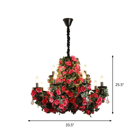 Mia - Red 12-Bulb Hanging Chandelier Retro Candle Iron Flower Ceiling Pendant In With Clear Crystal