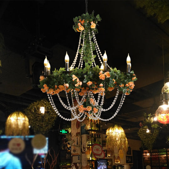 Retro Black Iron Chandelier With Crystal Accent - 8-Light Pendant Light For Restaurants And Plants