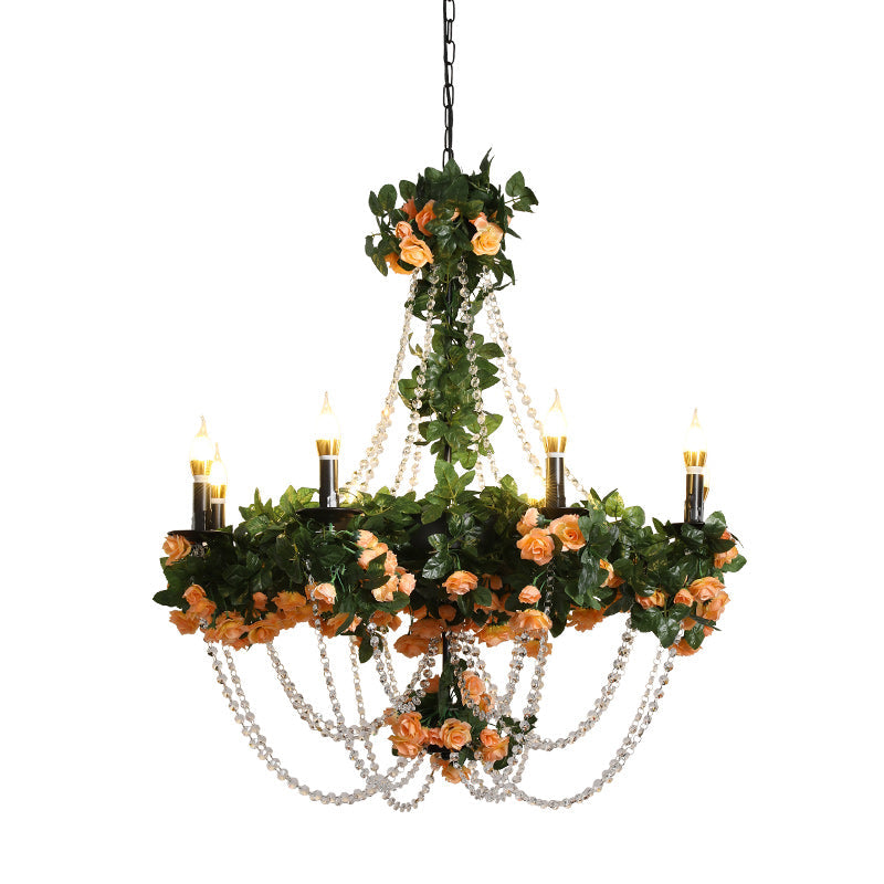 Retro Black Iron Chandelier With Crystal Accent - 8-Light Pendant Light For Restaurants And Plants