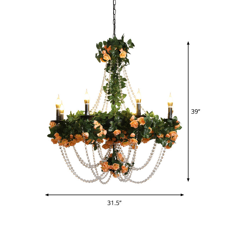 Retro Black Iron Chandelier With Crystal Accent - 8-Light Pendant Light For Restaurants And Plants